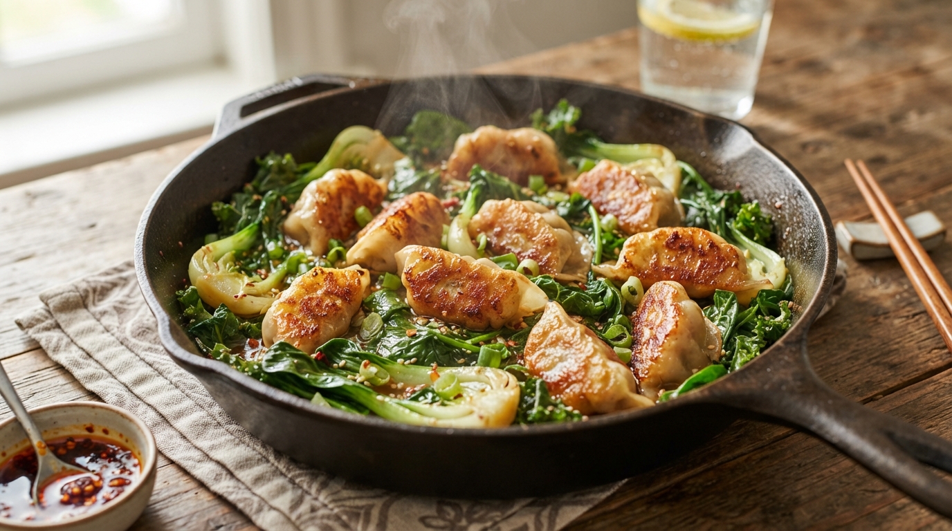 ONE-PAN DUMPLINGS WITH GREENS